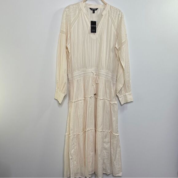 Lauren Ralph Lauren Cream Tiered Boho Midi Dress Size 14 - Picture 5 of 7